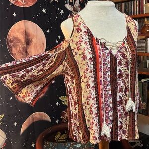 Cato Red and Cream Floral Lace-Up Blouse